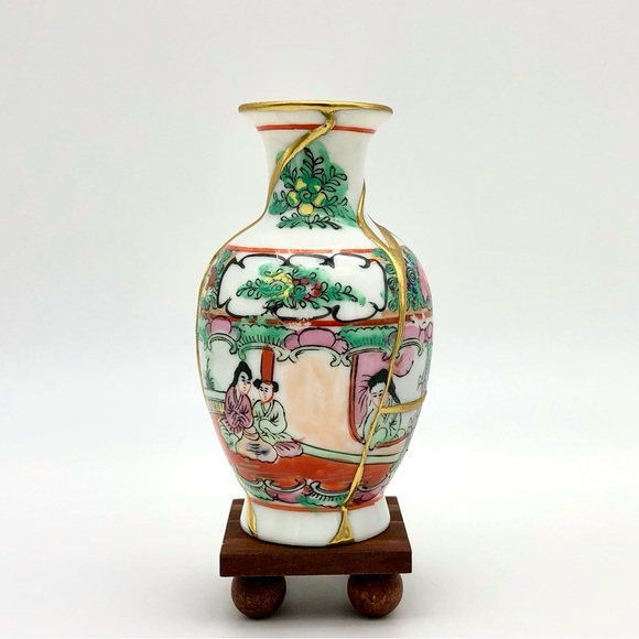 Chinese Famile Rose Kintsugi Vase Vintage Marked Gold Crack Japanese Growth Gift - Picture 3 of 14